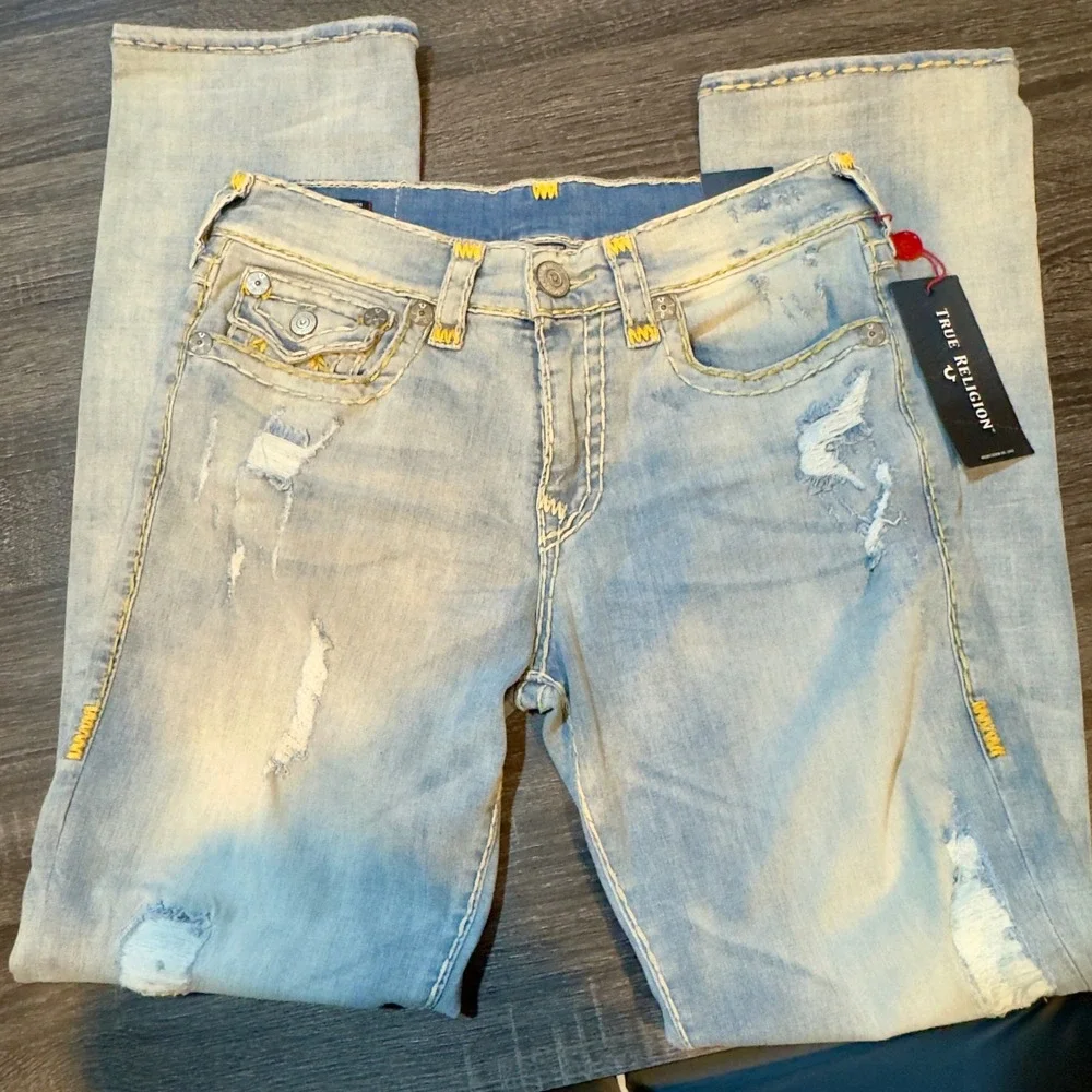 NWT True Religion Ricky Super T Flap Jeans Size‎ 31 Light Wash Distressed $299